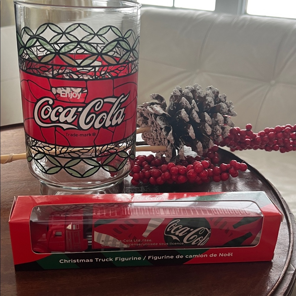 Coca-Cola Glass, Vintage with Red and Black Design + Christmas truck figurine
